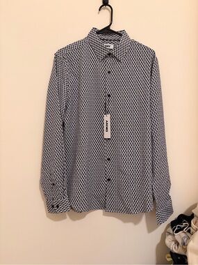 DKNY Black & White Geometric Long-Sleeve Stretch Dress Shirt